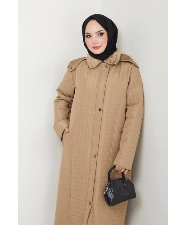 İçi Kürklü Kapüşonlu Kaban/Mont - Bej