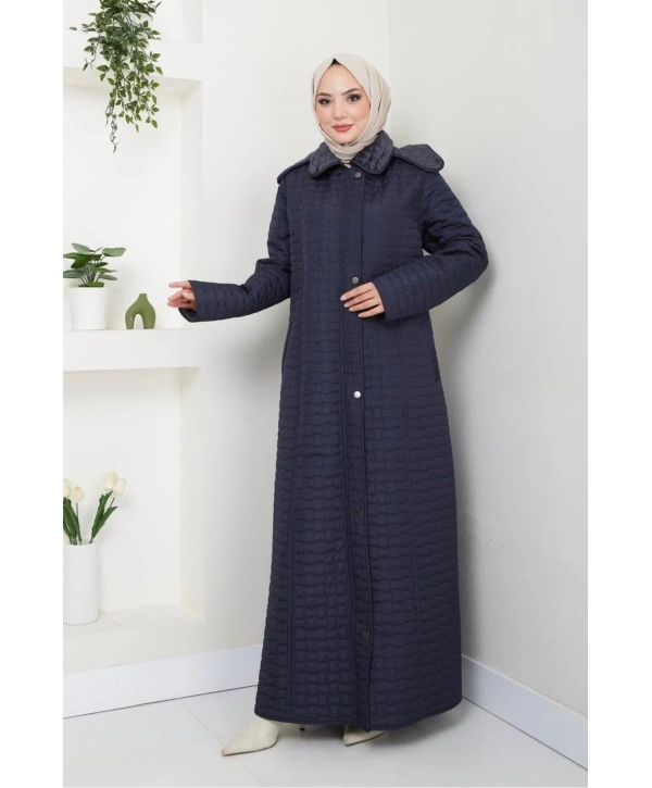 İçi Kürklü Tam Boy Kaban Mont - Lacivert / M0102