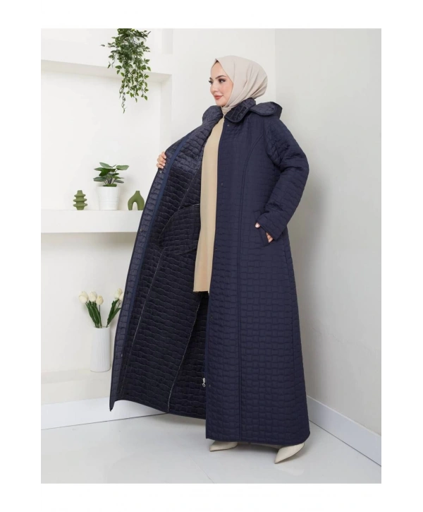 İçi Kürklü Tam Boy Kaban Mont - Lacivert / M0102