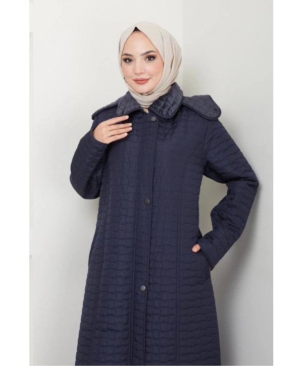 İçi Kürklü Tam Boy Kaban Mont - Lacivert / M0102