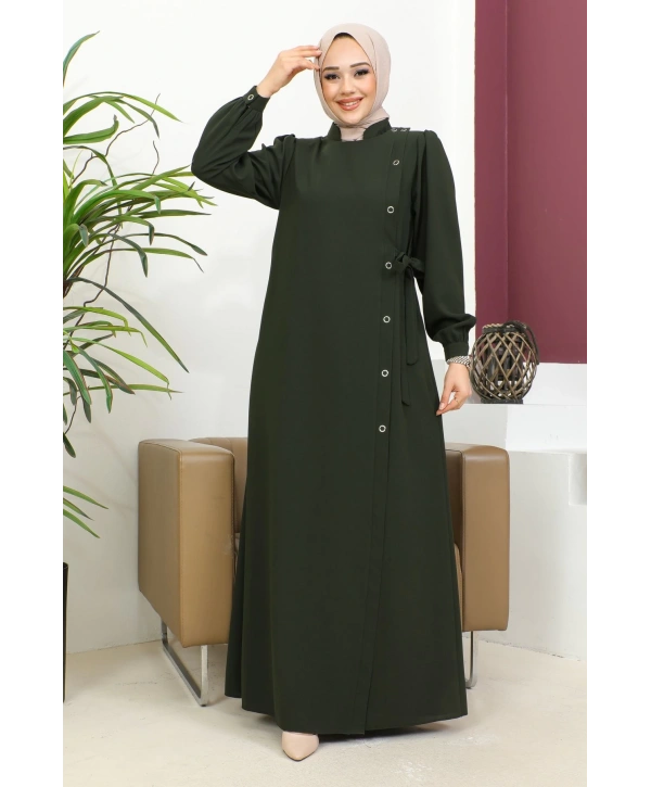 Bağlamalı Çıt Çıt Detaylı Ferace - Haki