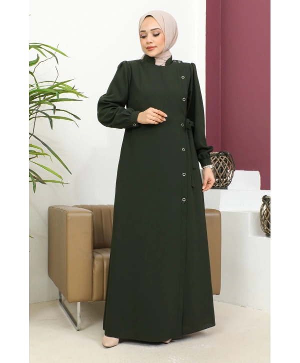 Bağlamalı Çıt Çıt Detaylı Ferace - Haki