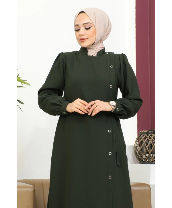 Bağlamalı Çıt Çıt Detaylı Ferace - Haki