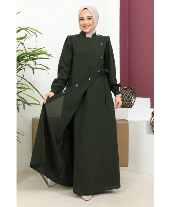 Bağlamalı Çıt Çıt Detaylı Ferace - Haki