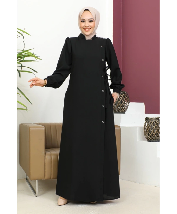Bağlamalı Çıt Çıt Detaylı Ferace - Siyah