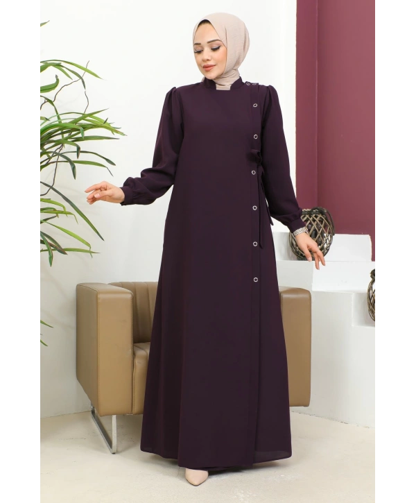 Bağlamalı Çıt Çıt Detaylı Ferace - Mürdüm