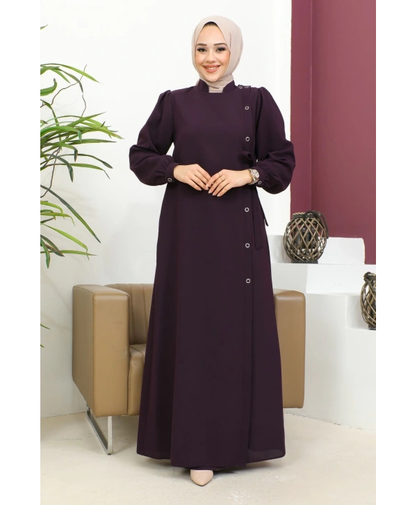 Bağlamalı Çıt Çıt Detaylı Ferace - Mürdüm