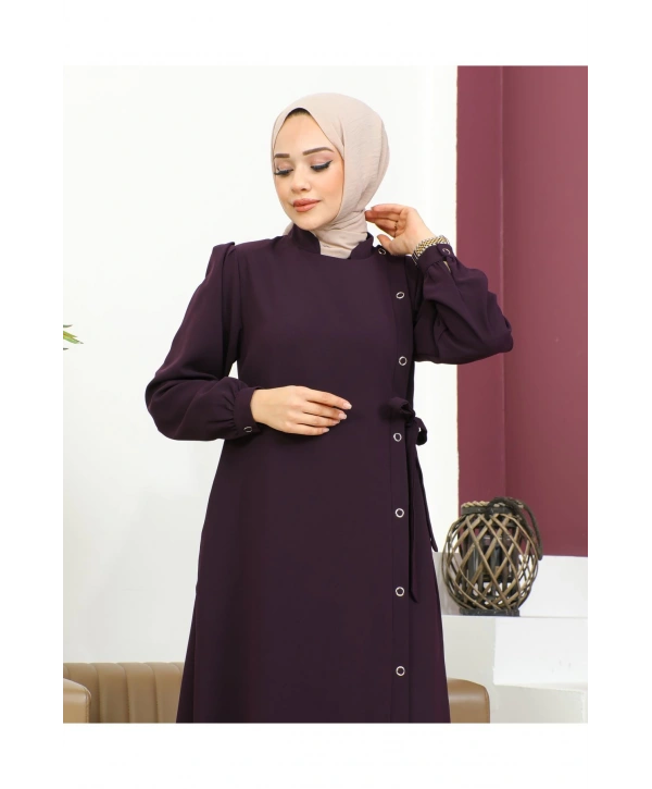 Bağlamalı Çıt Çıt Detaylı Ferace - Mürdüm