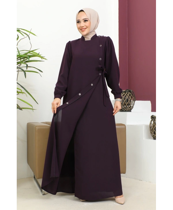 Bağlamalı Çıt Çıt Detaylı Ferace - Mürdüm