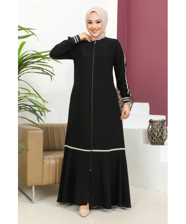 Ribanalı Bilek Şerit Detaylı Tesettür Ferace - Siyah / F0122