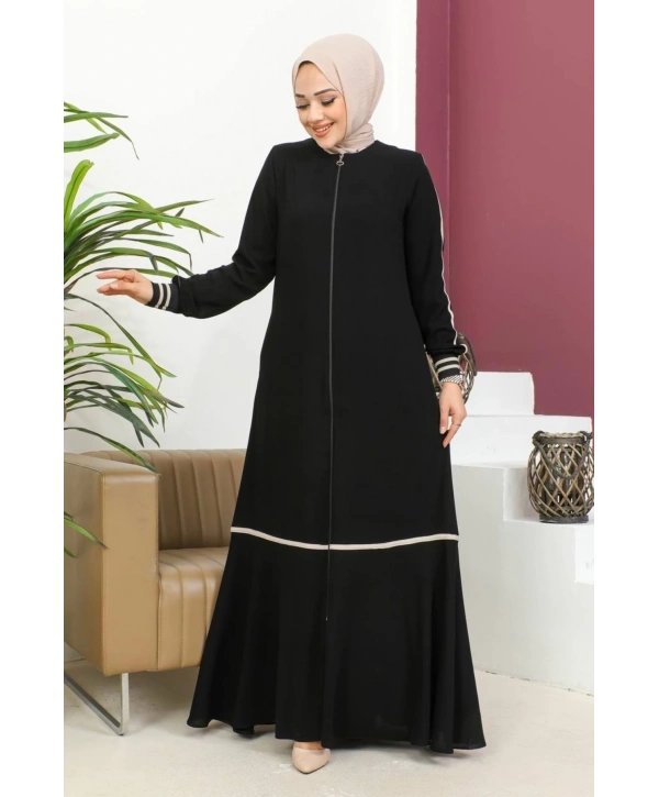 Ribanalı Bilek Şerit Detaylı Tesettür Ferace - Siyah / F0122