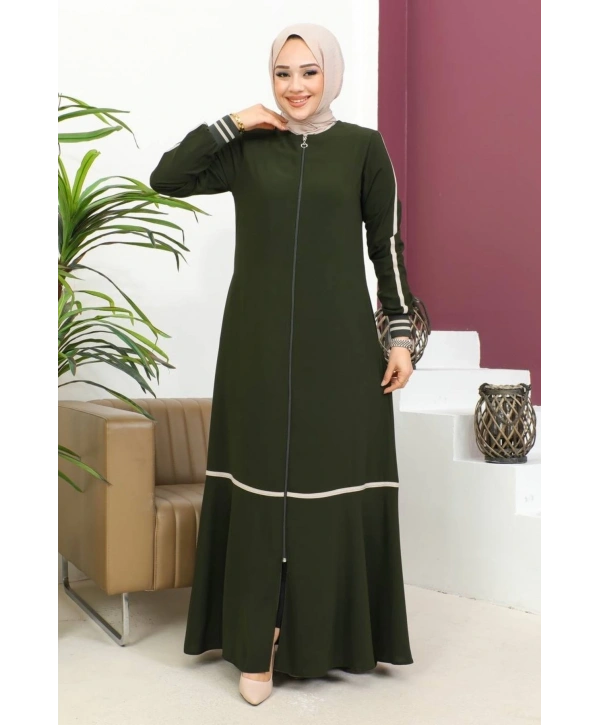 Ribanalı Bilek Şerit Detaylı Tesettür Ferace - Haki / F0122