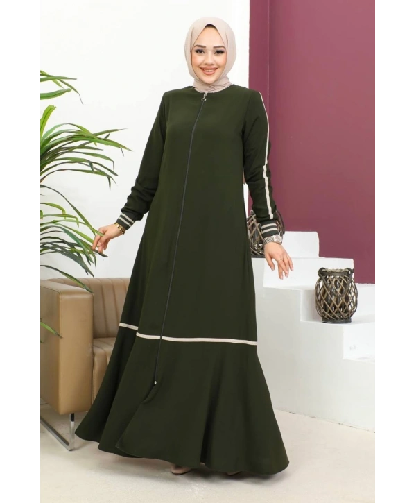 Ribanalı Bilek Şerit Detaylı Tesettür Ferace - Haki / F0122