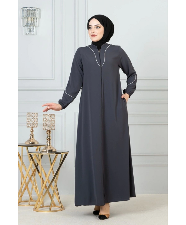 Beyaz Biye Detaylı Ferace - Antrasit