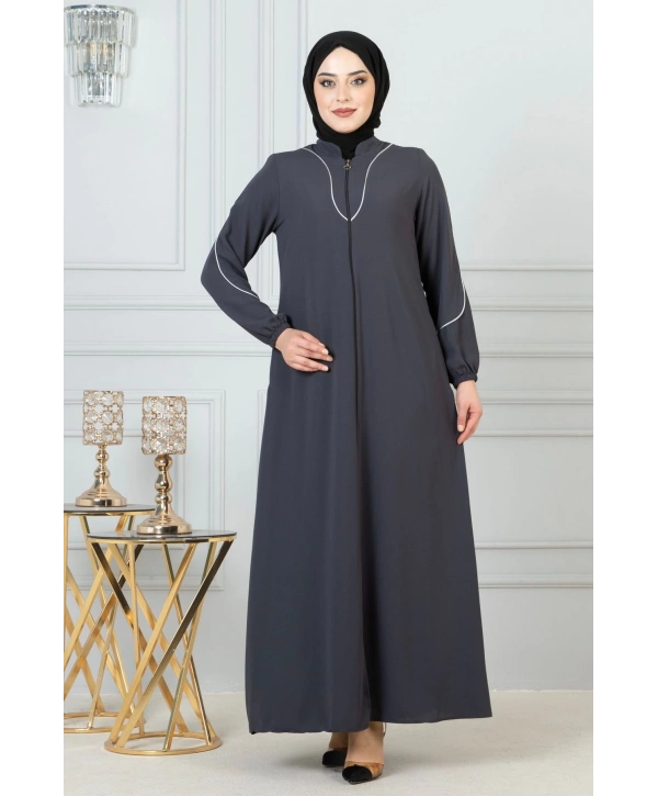 Beyaz Biye Detaylı Ferace - Antrasit