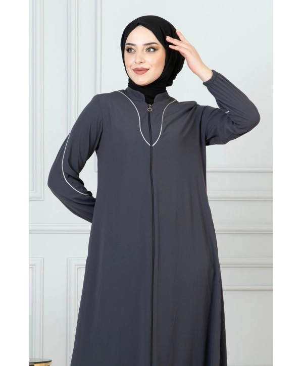 Beyaz Biye Detaylı Ferace - Antrasit