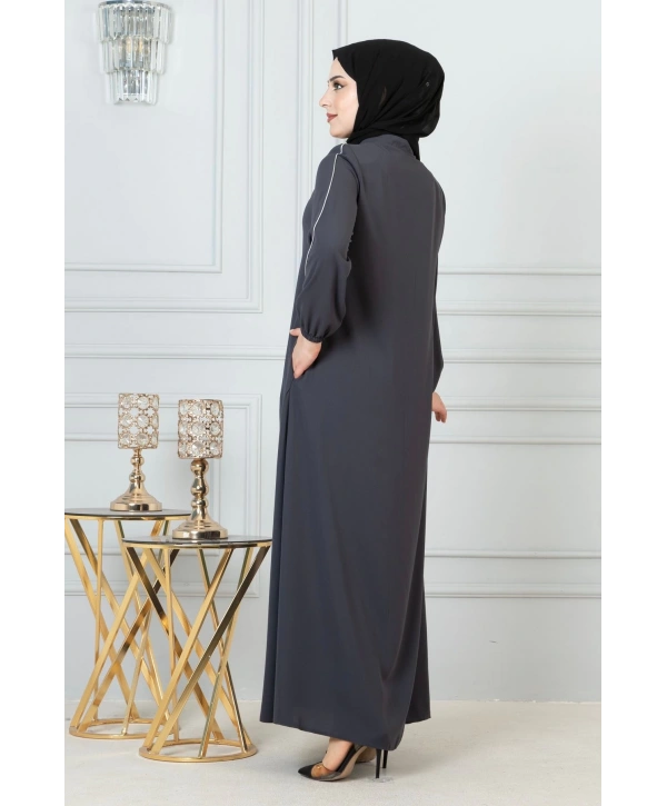 Beyaz Biye Detaylı Ferace - Antrasit