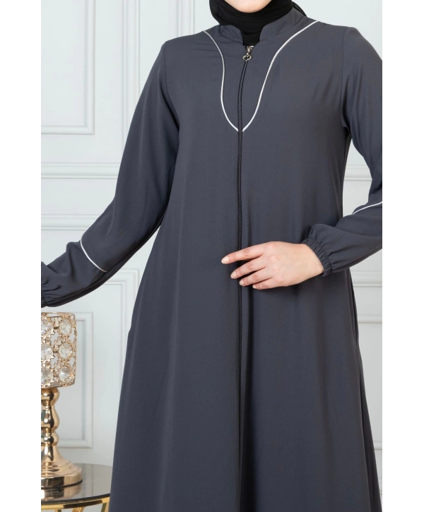 Beyaz Biye Detaylı Ferace - Antrasit