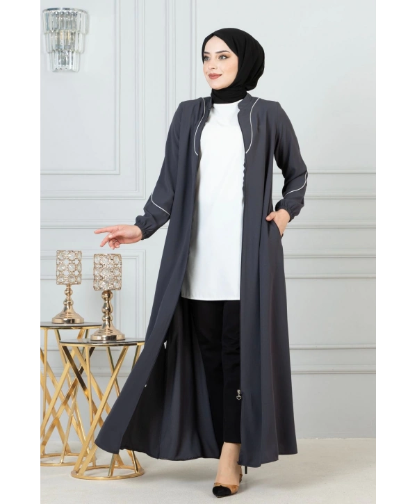 Beyaz Biye Detaylı Ferace - Antrasit