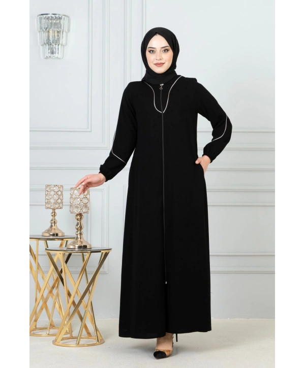 Beyaz Biye Detaylı Ferace - Siyah