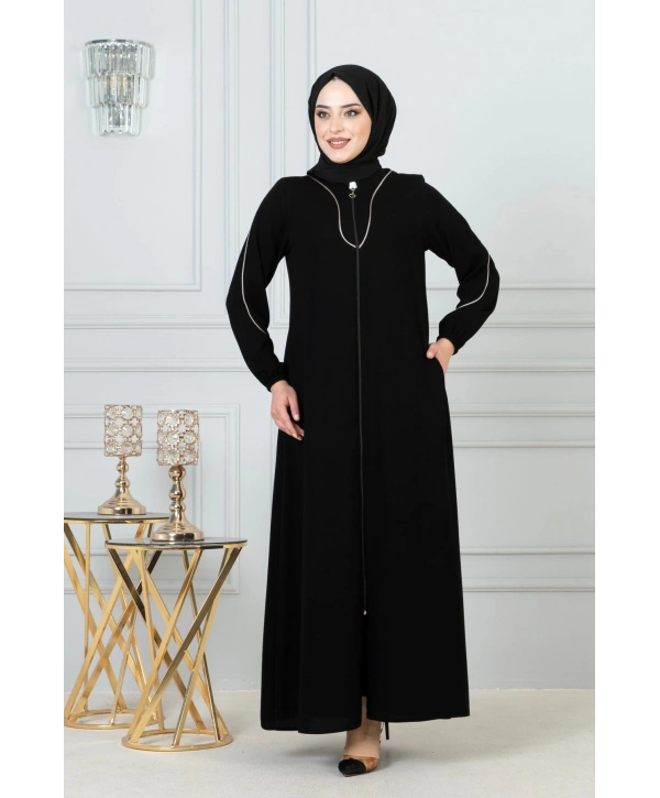 Beyaz Biye Detaylı Ferace - Siyah