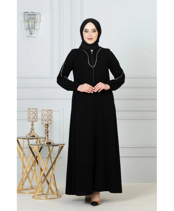 Beyaz Biye Detaylı Ferace - Siyah