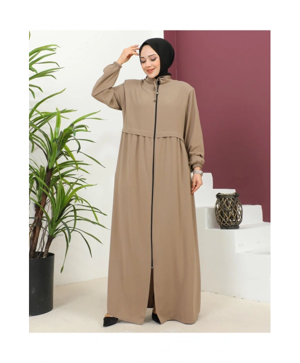 Büyük Beden Krep Ferace -Bej