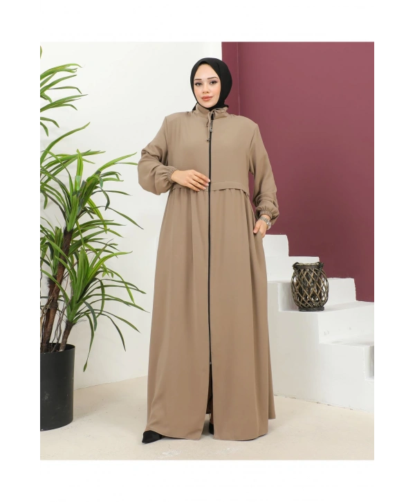 Büyük Beden Krep Ferace -Bej