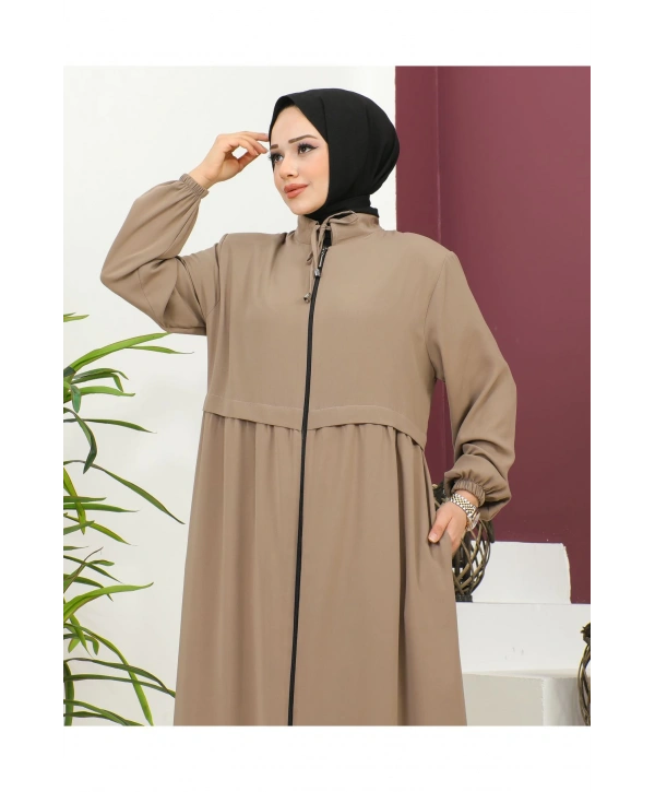 Büyük Beden Krep Ferace -Bej