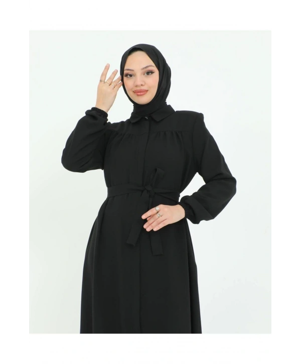 Göğüs Büzgülü Tam Boy Ferace -Siyah