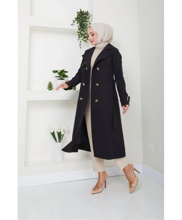 Pamuklu Bondit Kumaş Trençkot / M0105 - Siyah