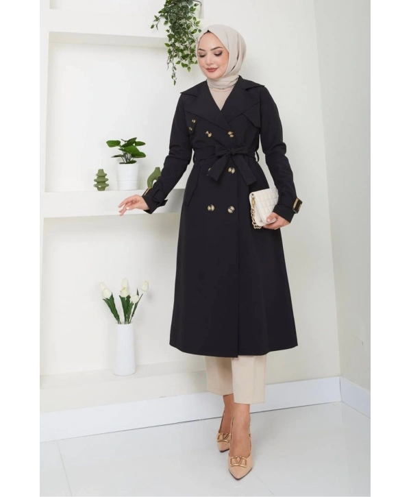 Pamuklu Bondit Kumaş Trençkot / M0105 - Siyah