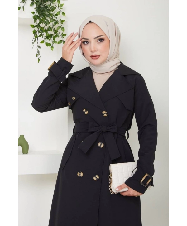 Pamuklu Bondit Kumaş Trençkot / M0105 - Siyah