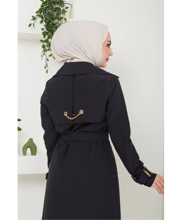 Pamuklu Bondit Kumaş Trençkot / M0105 - Siyah