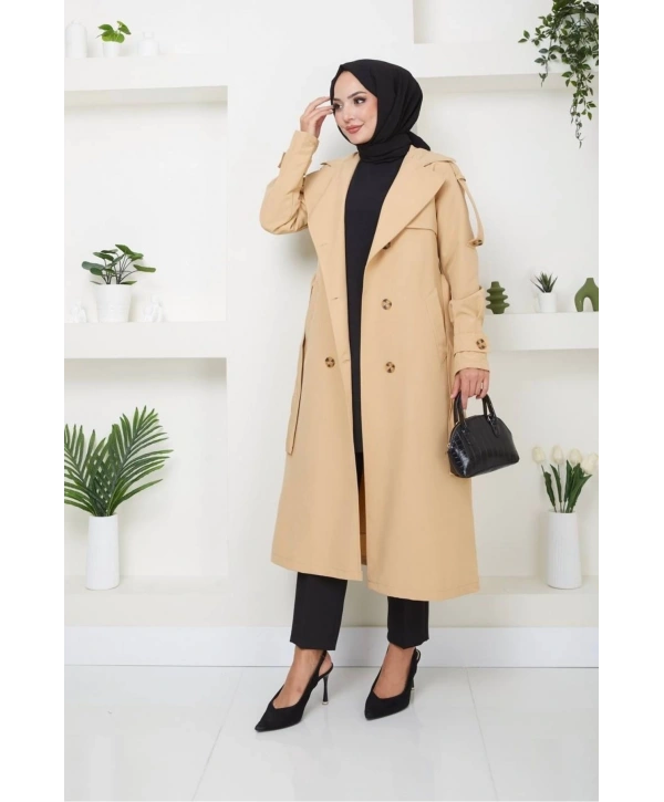 Kruvaze Yaka Bondit Kumaş Trençkot / M0106 - Camel