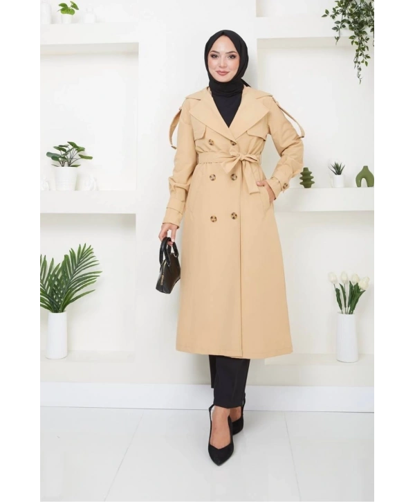Kruvaze Yaka Bondit Kumaş Trençkot / M0106 - Camel