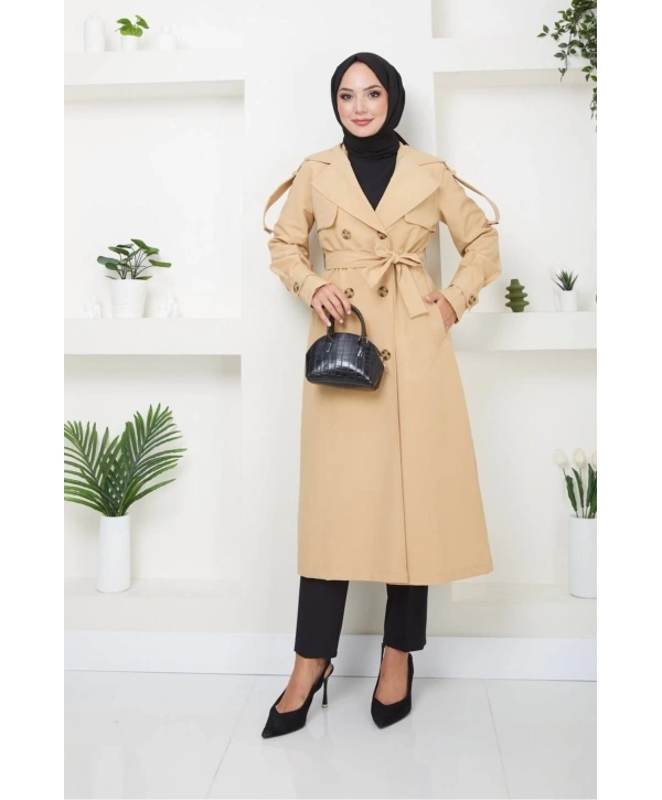 Kruvaze Yaka Bondit Kumaş Trençkot / M0106 - Camel