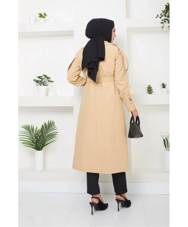 Kruvaze Yaka Bondit Kumaş Trençkot / M0106 - Camel