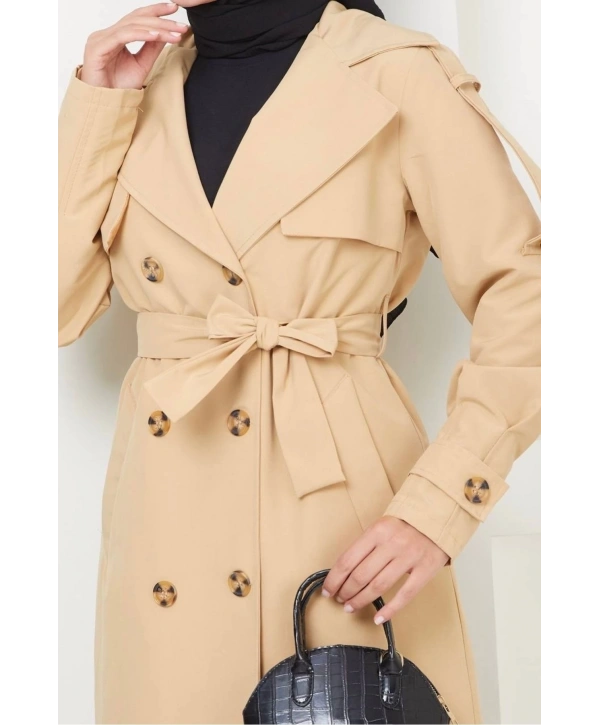Kruvaze Yaka Bondit Kumaş Trençkot / M0106 - Camel