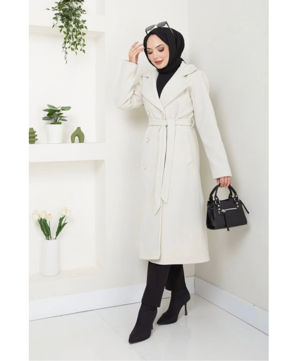 Kadın Polar Kaşe Uzun Kaban / M0107 - Krem