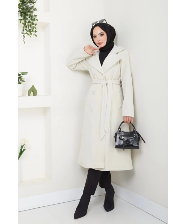 Kadın Polar Kaşe Uzun Kaban / M0107 - Krem