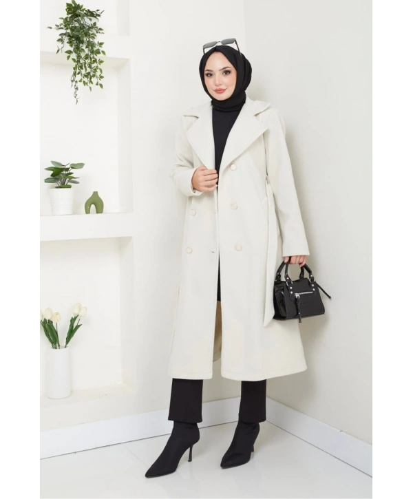 Kadın Polar Kaşe Uzun Kaban / M0107 - Krem