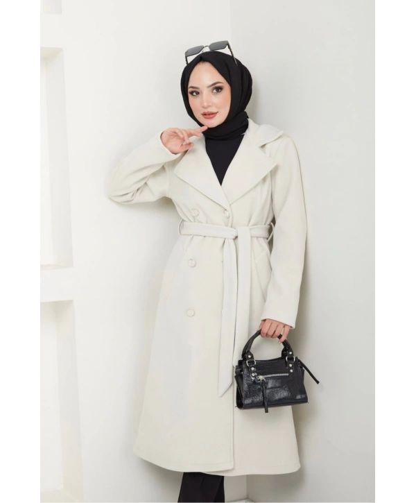 Kadın Polar Kaşe Uzun Kaban / M0107 - Krem