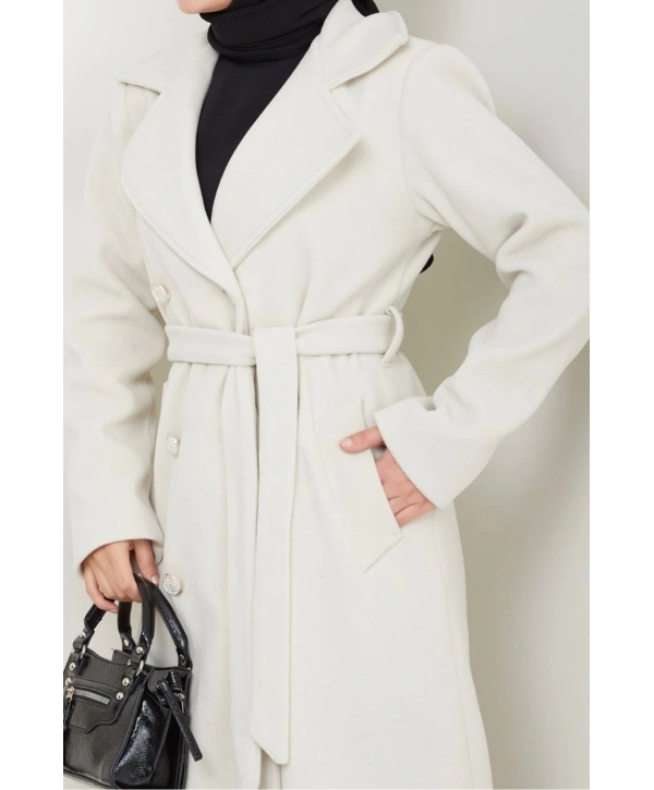 Kadın Polar Kaşe Uzun Kaban / M0107 - Krem