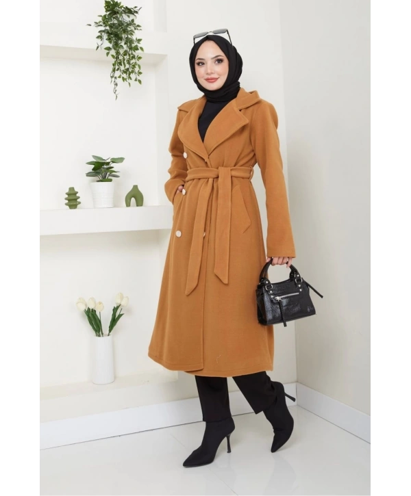 Kadın Polar Kaşe Uzun Kaban / M0107 - Camel