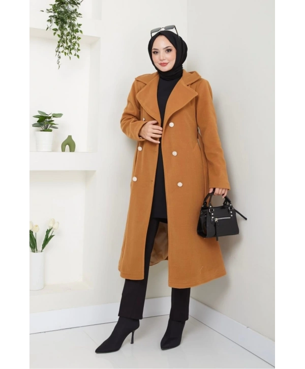 Kadın Polar Kaşe Uzun Kaban / M0107 - Camel