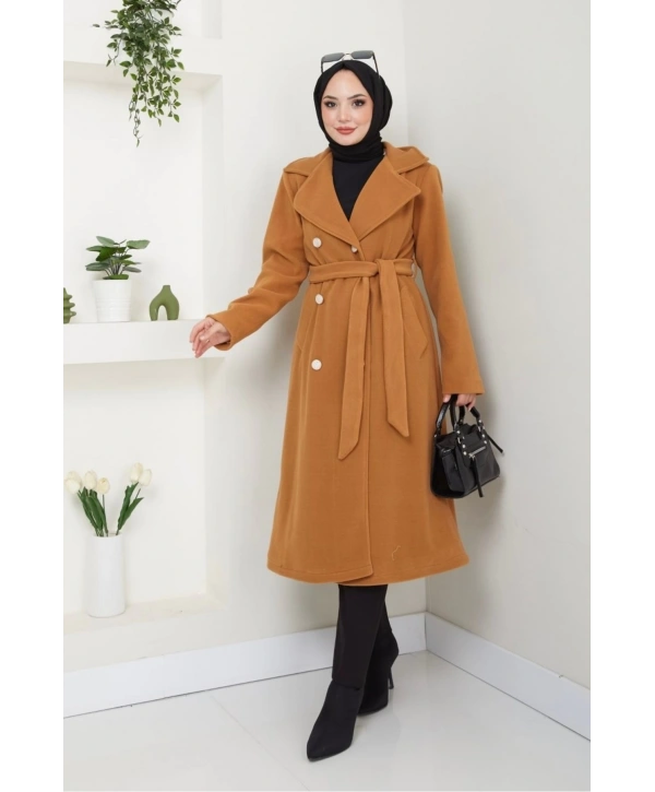 Kadın Polar Kaşe Uzun Kaban / M0107 - Camel