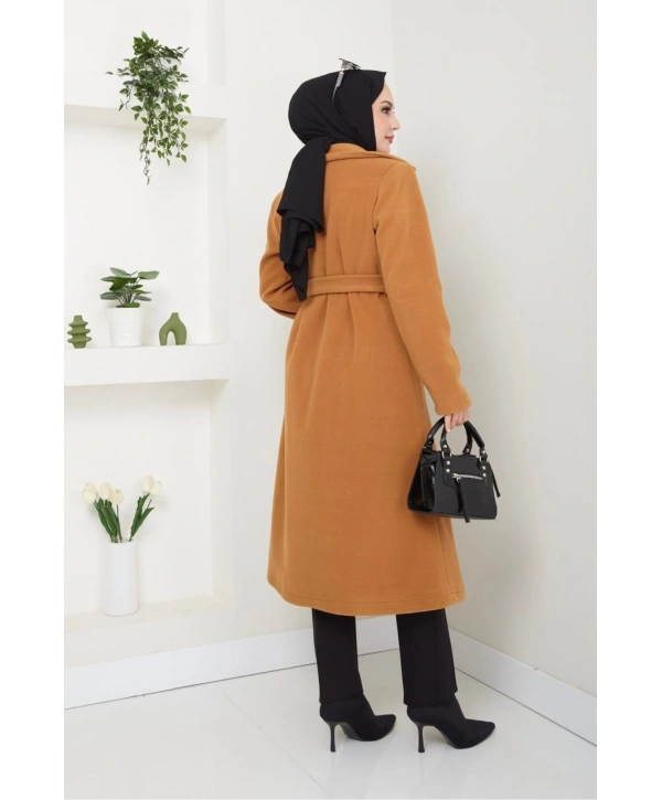 Kadın Polar Kaşe Uzun Kaban / M0107 - Camel