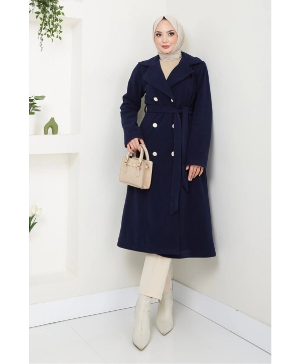 Kadın Polar Kaşe Uzun Kaban / M0107 - Lacivert