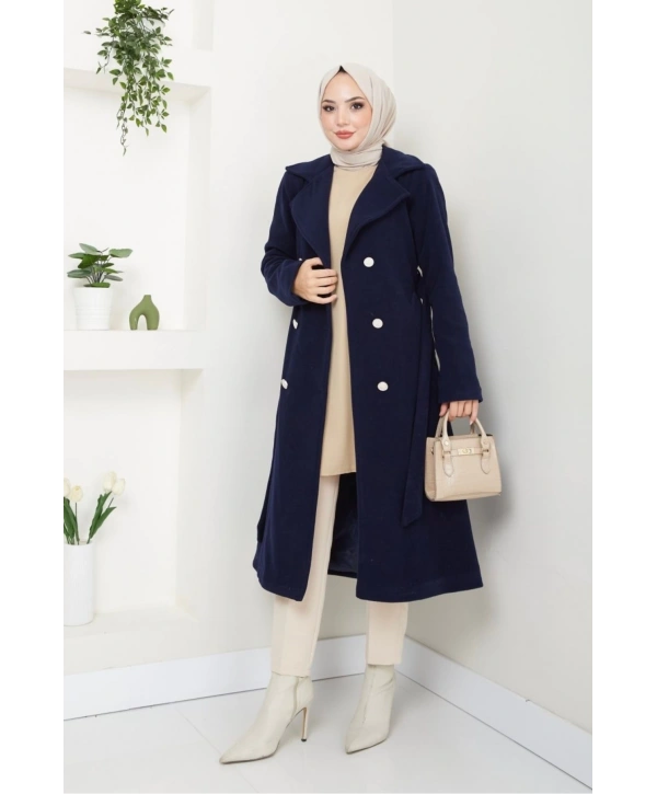Kadın Polar Kaşe Uzun Kaban / M0107 - Lacivert